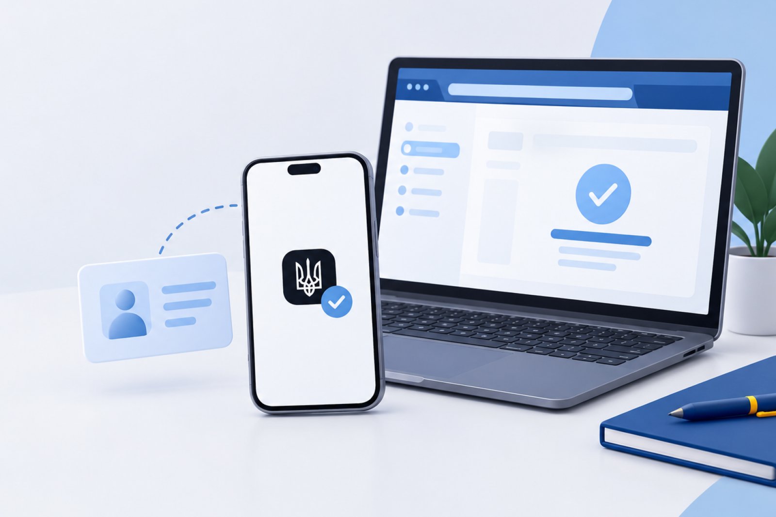 Смартфон із гербом України та позначкою підтвердження поруч із ноутбуком із символом успішної авторизації.